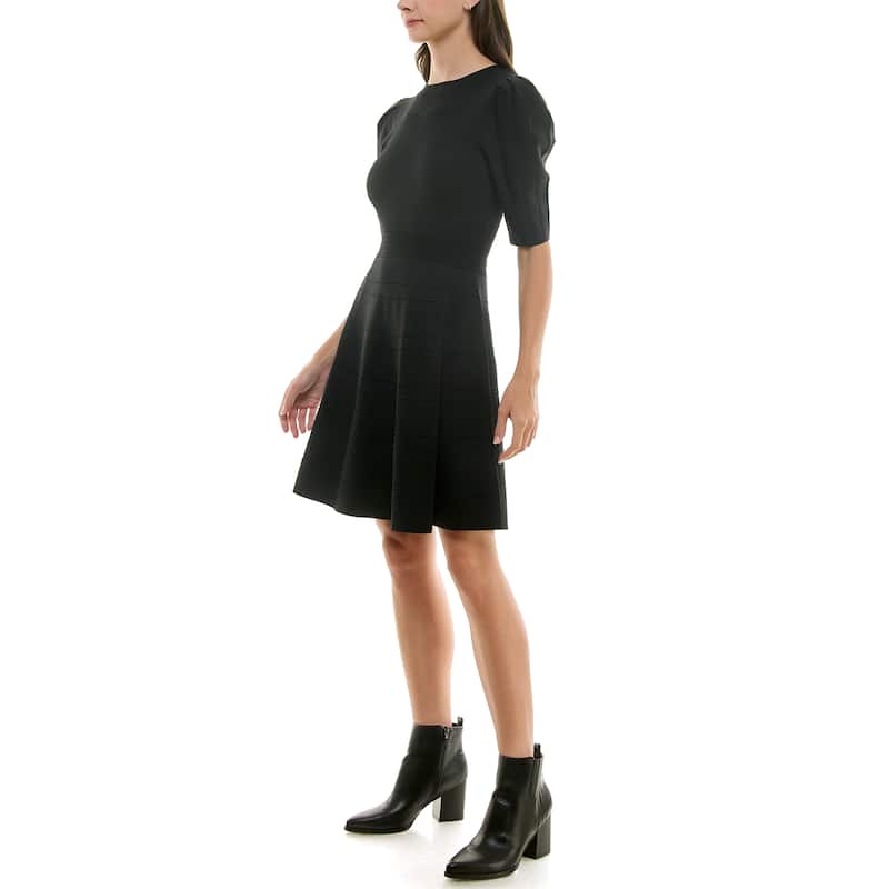 Nicole Miller Fit & Flare Rib Knit Sweater Dress - Black - L