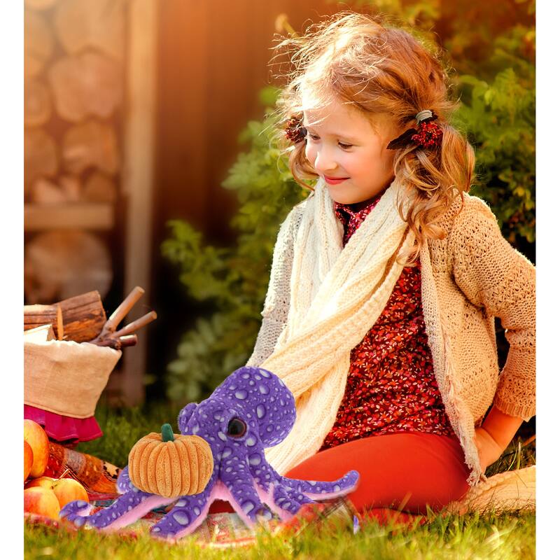 DolliBu Wild Collection Purple Octopus Stuffed Animal w/ Pumpkin Decor - 12 inches