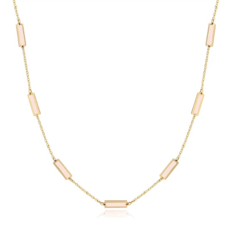 Curata 14k Yellow Gold Italian 18" Inlaid Genuine Gemstone 10X2mm Bar Station Necklace - Light Pink MOP