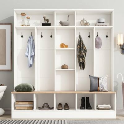 Wide Hall Tree with Storage Bench, Cube Shelves, and Coat Rack