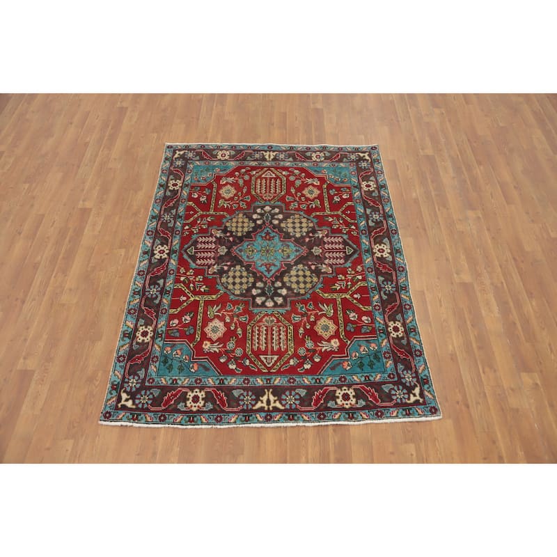 Hand Knotted Oriental 100% Wool Carpet Traditional Floral Red Tabriz Area Rug - 5' 11'' X 4' 6''