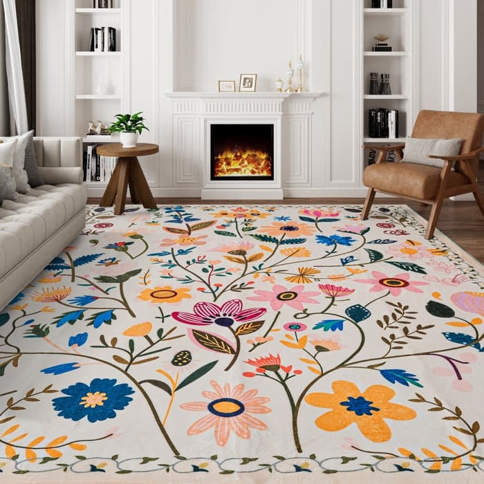 Nature Floral Non-Slip Machine Washable Colorful Modern Area Rug - Rectangle 9' x 12' - White