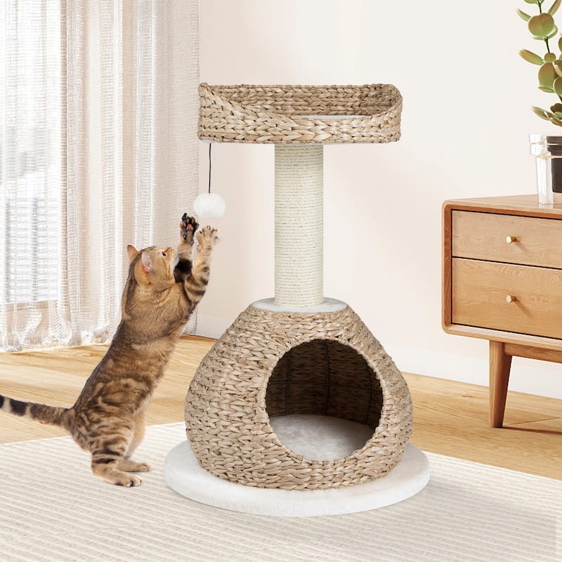Gymax 28'' Hand-Made Cat Tree Tower Natural Bowl Shaped w/Perch