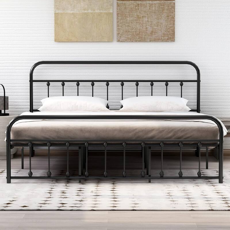 NNV Platform Metal Bed Frame with Victorian Style Iron-Art Headboard - Black - King