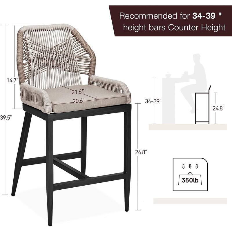 Counter Height Bar Stools Set of 2, Modern Wicker Rattan Patio Bar Stools with Backrest