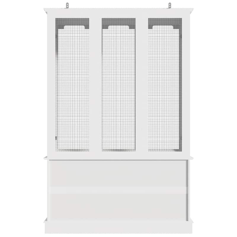 Large Wooden Bird Cage Cabinet with Storage, White Aviary Hutch with Black Metal Mesh, Tall Indoor Parrot Cage Furniture