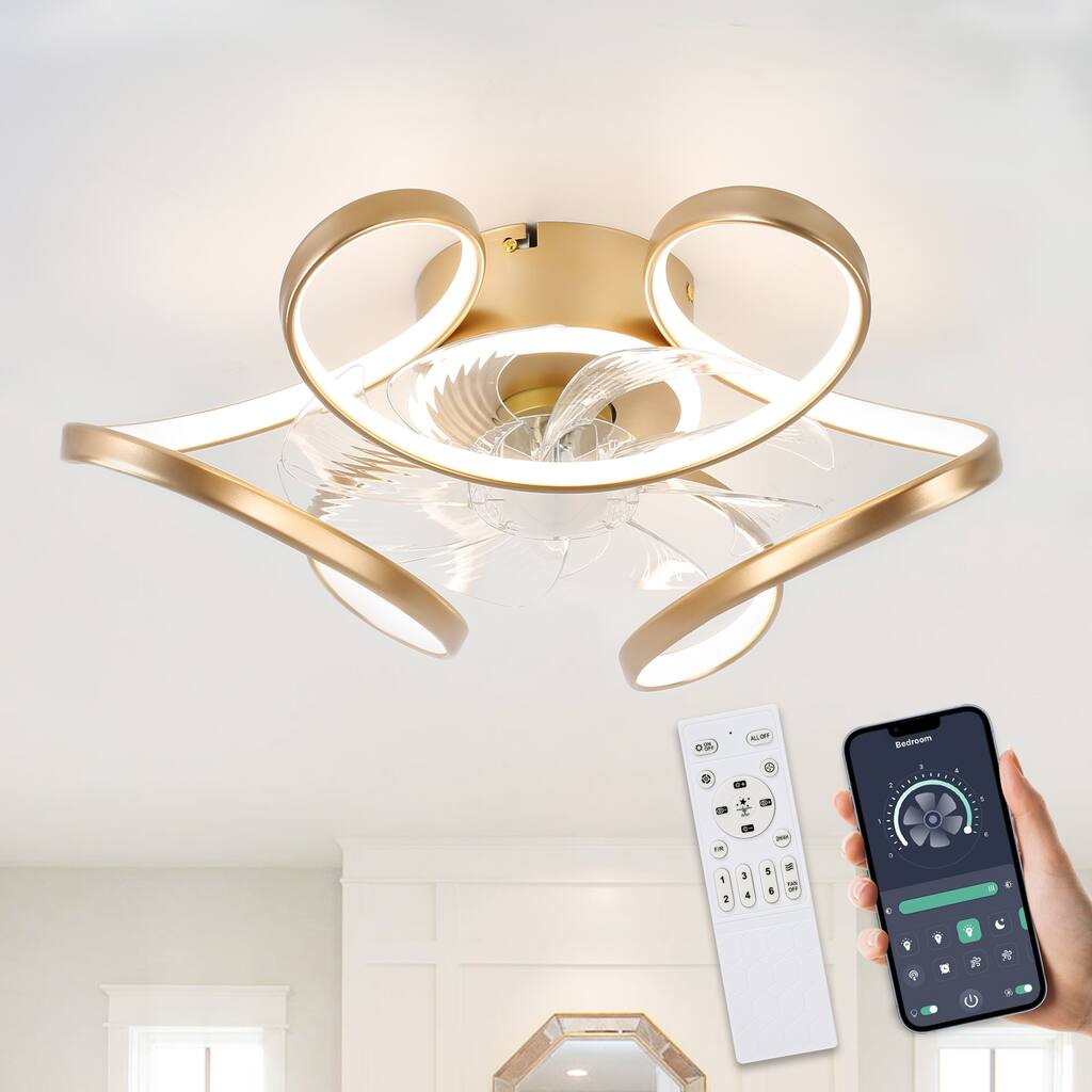 20 " Modern Flush Mount Ceiling Fan with Curve LED Light Kit 3 Light Tone Dimmable Light 6 Fan Speed Remote and App Control