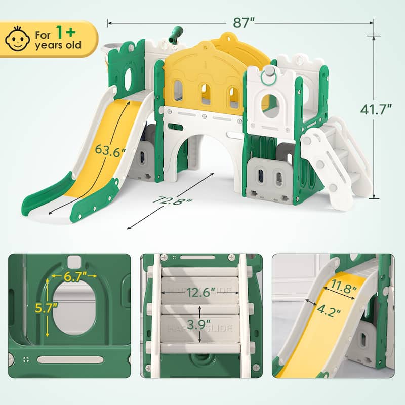 8 in 1 Green+Yellow Toddler Slide, Kids Slide for Toddlers Age 1-3, Outdoor Indoor Slide Playset Toddler Playground