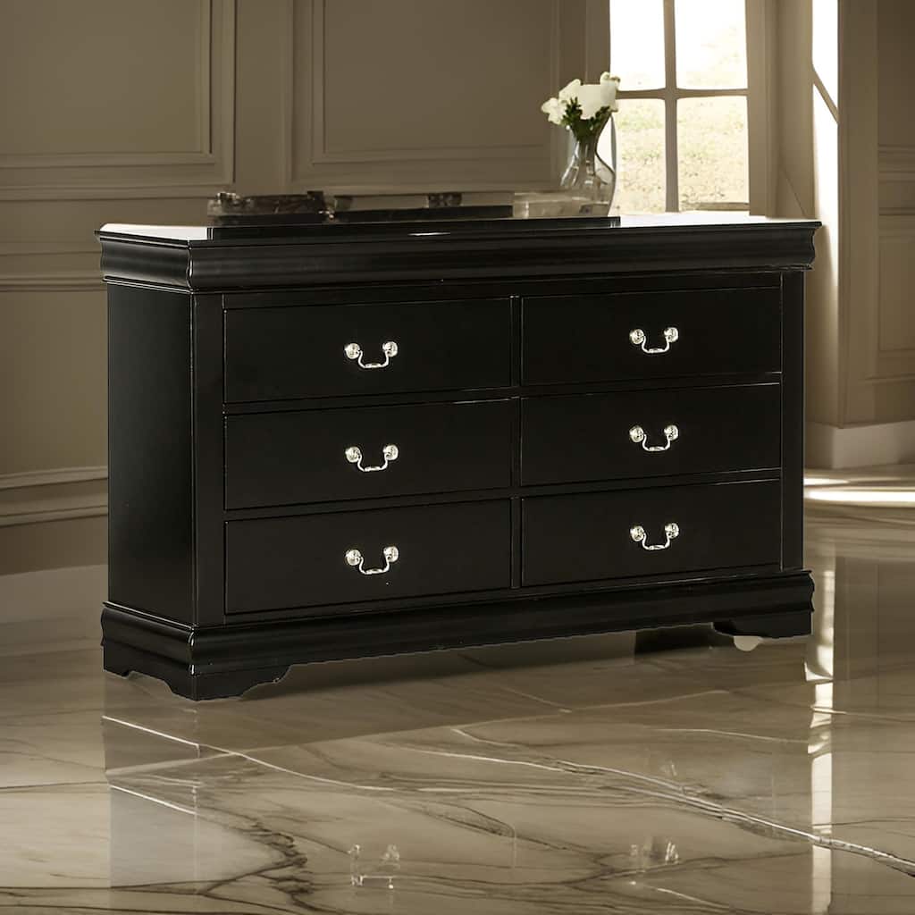 Ryla Wide Dresser, 6 Drawers, Nickel Metal Handles, Black Solid Wood