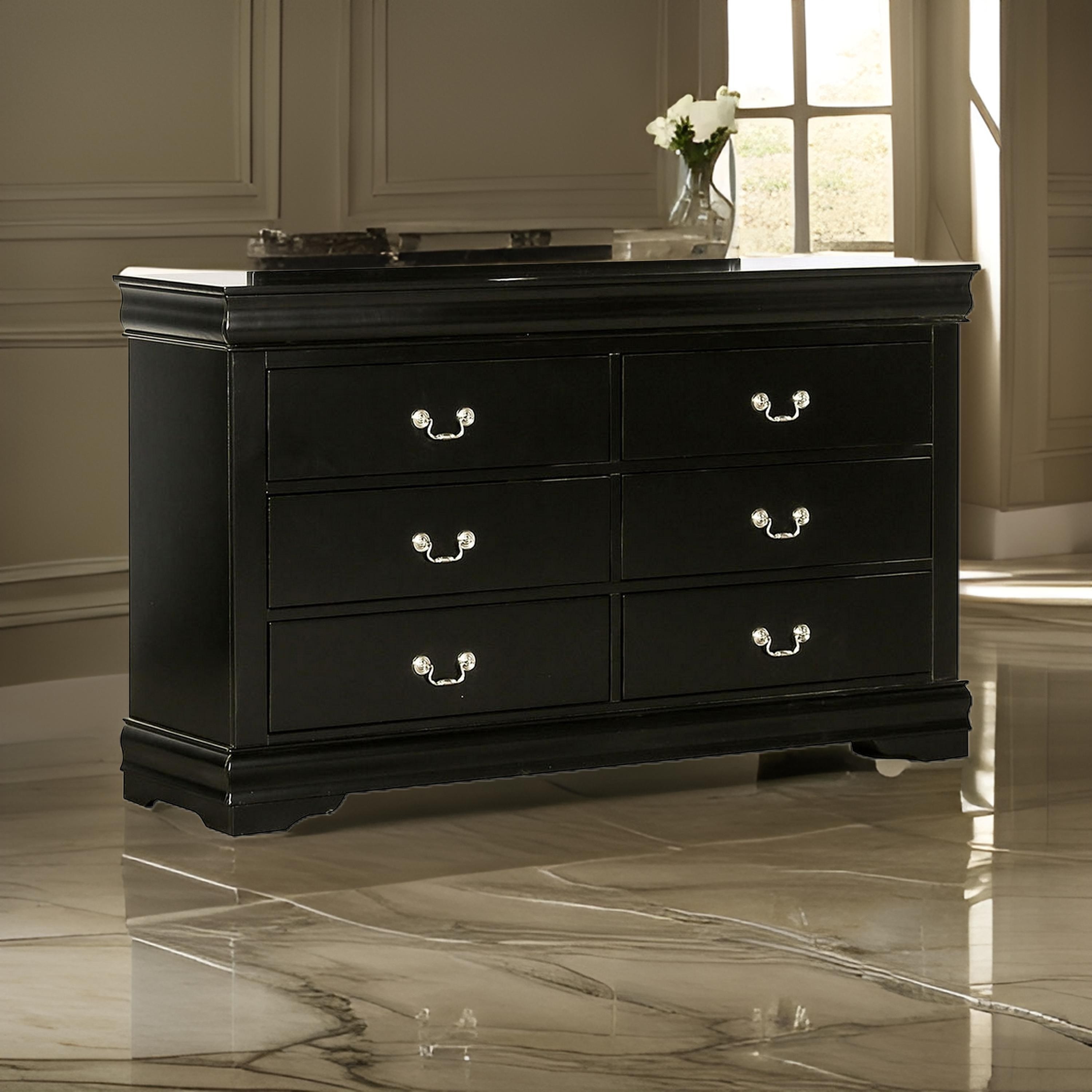 Ryla Wide Dresser, 6 Drawers, Nickel Metal Handles, Black Solid Wood