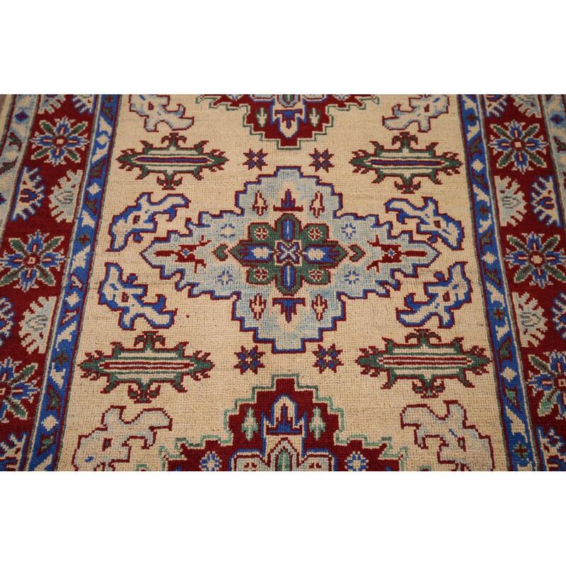 Geometric Kazak Accent Rug Handmade Yellow Wool Carpet - 3'6" x 5'1"