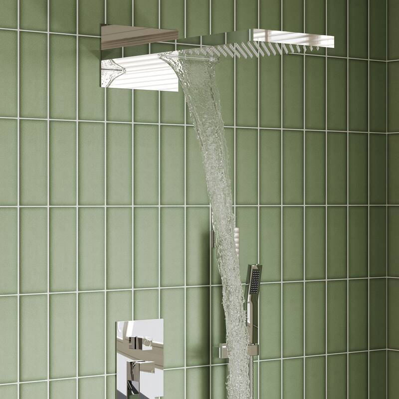 Dual-Function Wall Mounted Waterfall & Rainfall Shower Faucet Set With Rough-In Valve - 22"*10"
