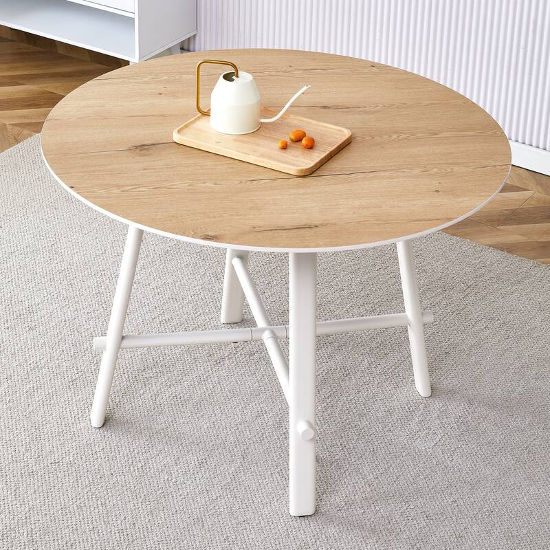 Roomfitters Modern Round Dining Table with 42 Inch Wood Pattern Top and White Metal Legs for Home or Office - Brown