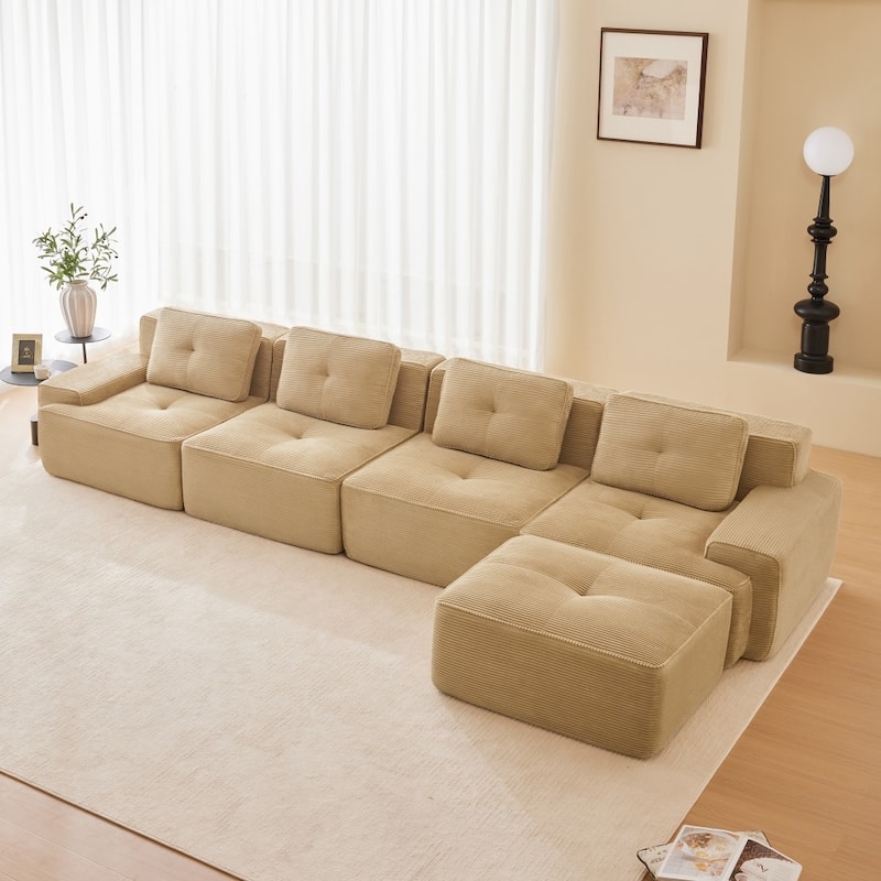 L-Shaped Premium Modular Corduroy Sectional Sofa with Movable Ottoman