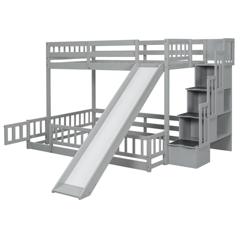 Twin Over Full Bunk Bed with Storage Staircase, Slide and Guardrails Toddler Floor Bed with Fence and Door, Floor Bunk Bed Frame