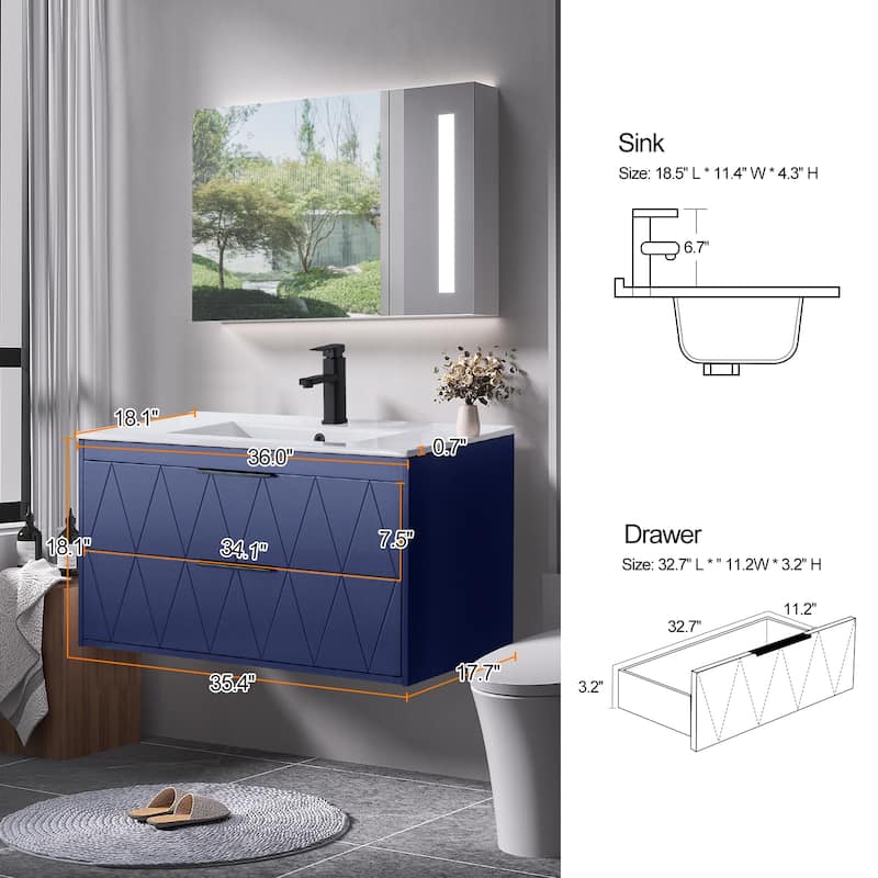 Wall Mount Vanity with Ceramic Sink SMC Sink Soft-Close