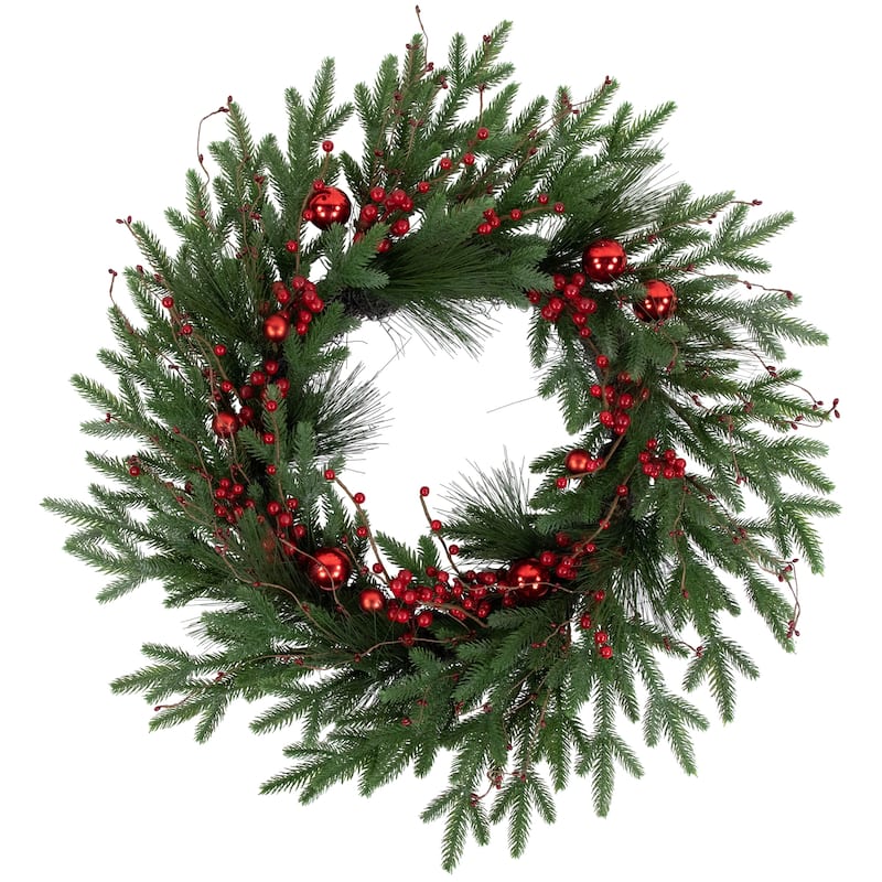 Red Berries and Pine Christmas Wreath with Ornaments 32-Inch Unlit - 32"