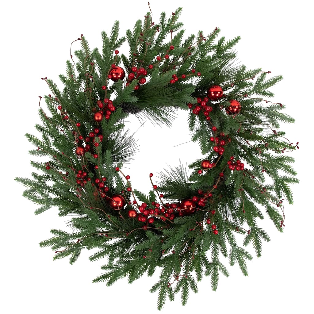 Red Berries and Pine Christmas Wreath with Ornaments 32-Inch Unlit - 32"