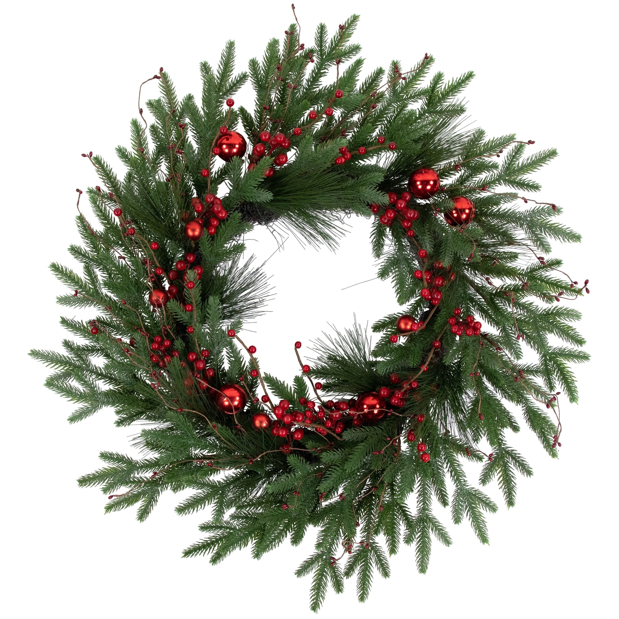 Red Berries and Pine Christmas Wreath with Ornaments 32-Inch Unlit - 32"