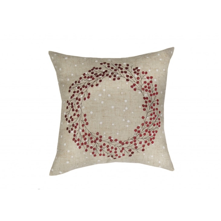 14" X 14" Beige and Red Christmas Wreath Linen Blend Zippered Pillow With Embroidery