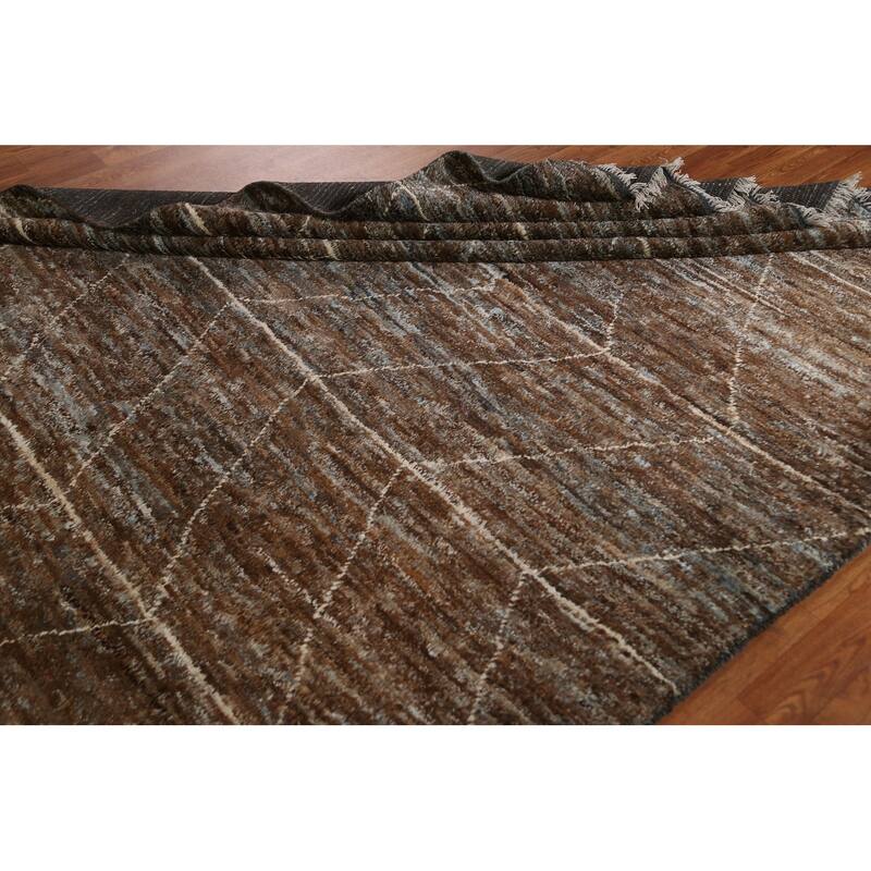 Hand Knotted Oriental 100% Wool Carpet Tribal Tribal Brown Moroccan Area Rug - 9' 7'' X 6' 7''