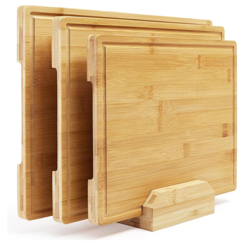 Bamboo Cutting Board Set of 3, Kitchen Cutting Board Set with Holder - 3pcs