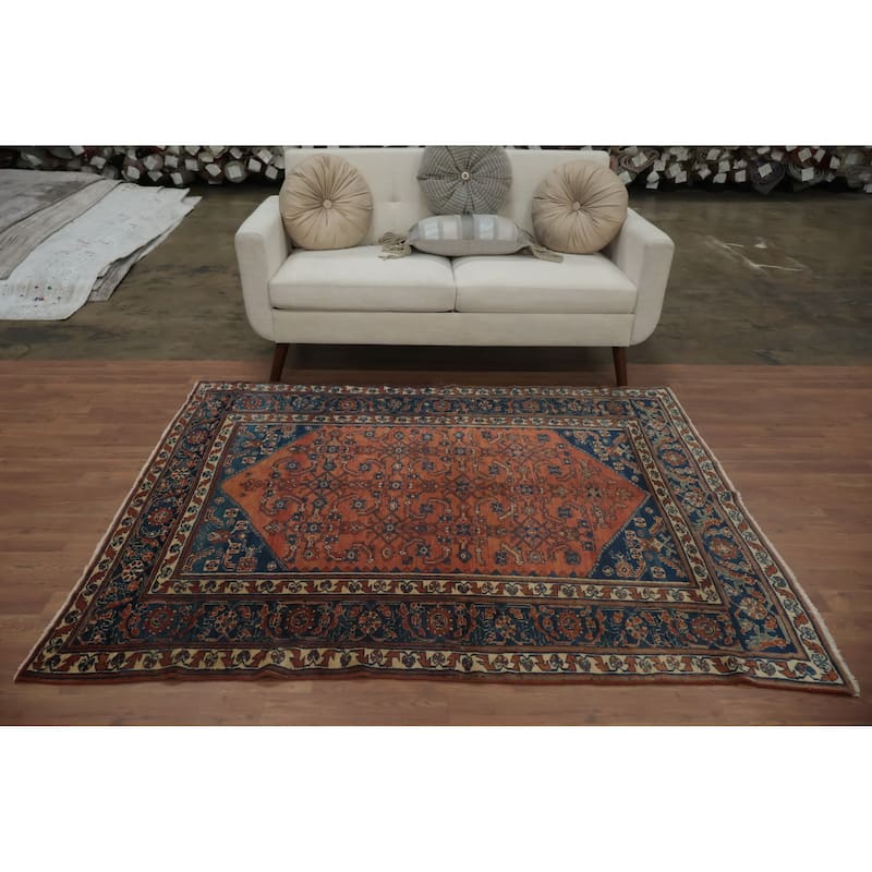 Hand Knotted Oriental 100% Wool Carpet Traditional Geometric Oranges & Rust Malayer Area Rug - 6' 3'' X 5' 1''