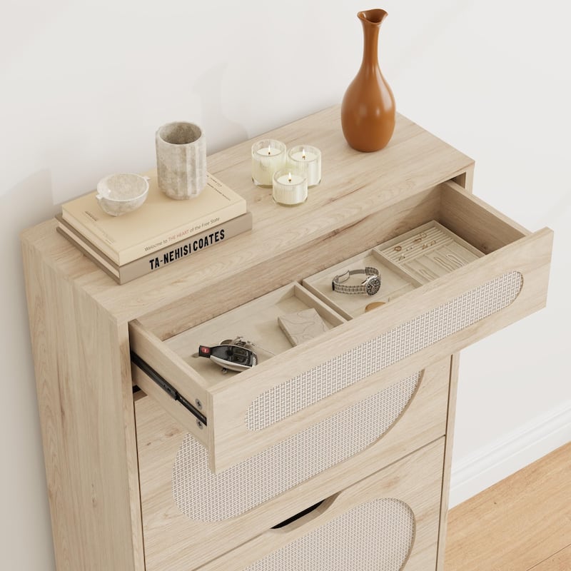 Shoe Cabinet, Rattan Shoe Storage With 2 Flip Drawer and 1 Pull-Out Drawer, Heavy Duty Metal Leg