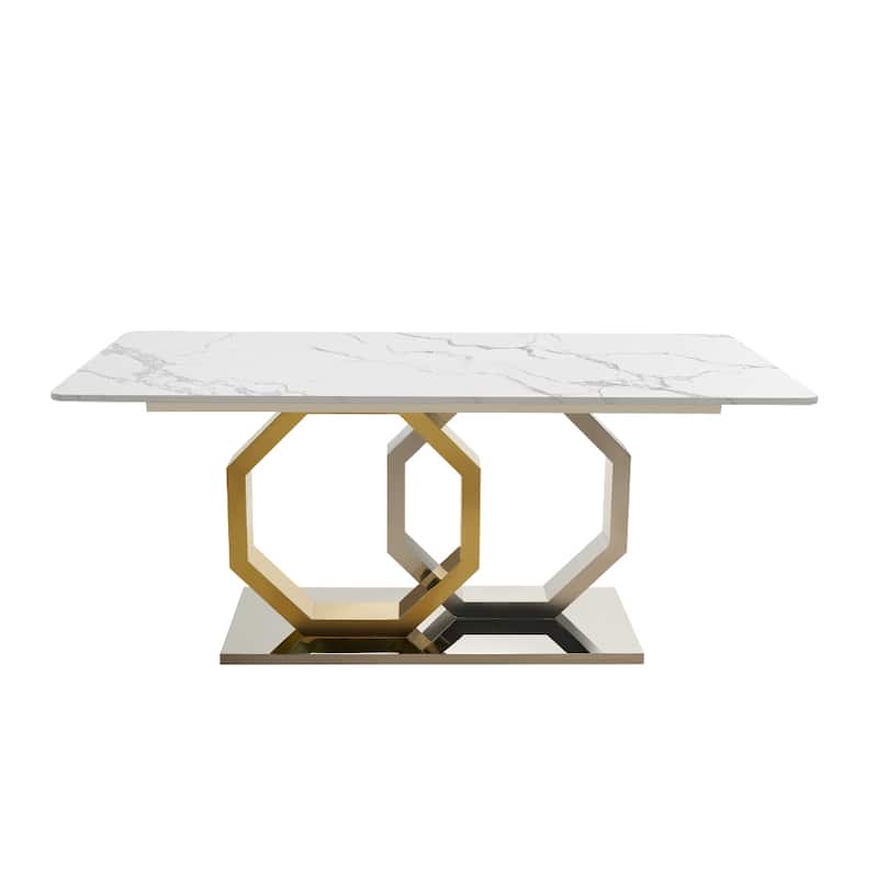 Modern White Marble Dining Table with Rectangular Tabletop, Golden Hexagonal-Legged legs, Dining Room Table for 8 - 79"
