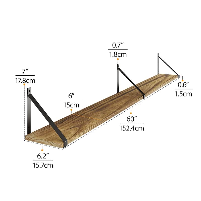 Wallniture Bora 60"x6" Rustic Floating Shelves, Wall Bookshelf Wood, Burnt