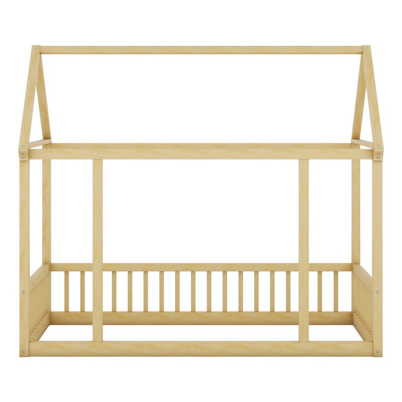 Pine Wood Floor Bed with House Roof Frame and Safety Guardrails