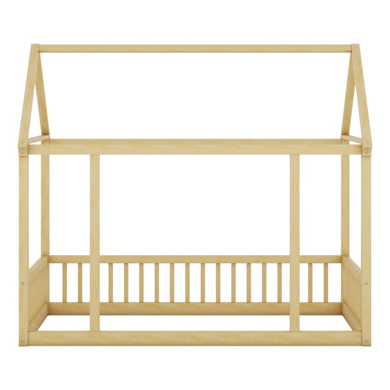 Pine Wood Floor Wooden Bed with House Roof Frame and Safety Guardrails