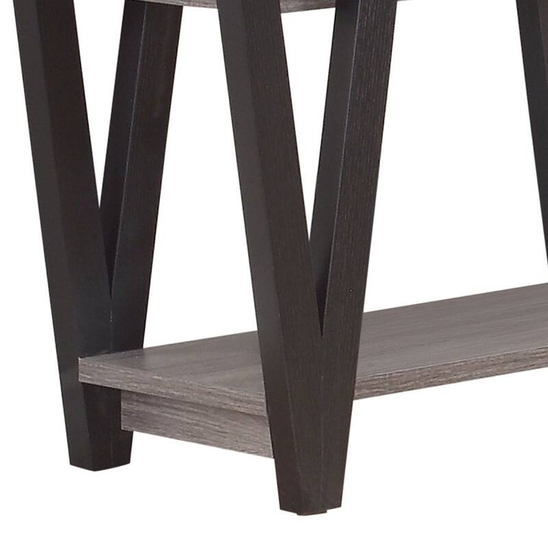 Zigzag Contemporary Solid Wooden Sofa Table With Bottom Shelves, Gray And Black