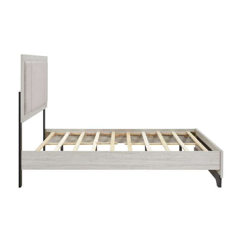 Modern Two-Tone White Oak & Gray Upholstered Queen Platform Bed with Headboard and Footboard