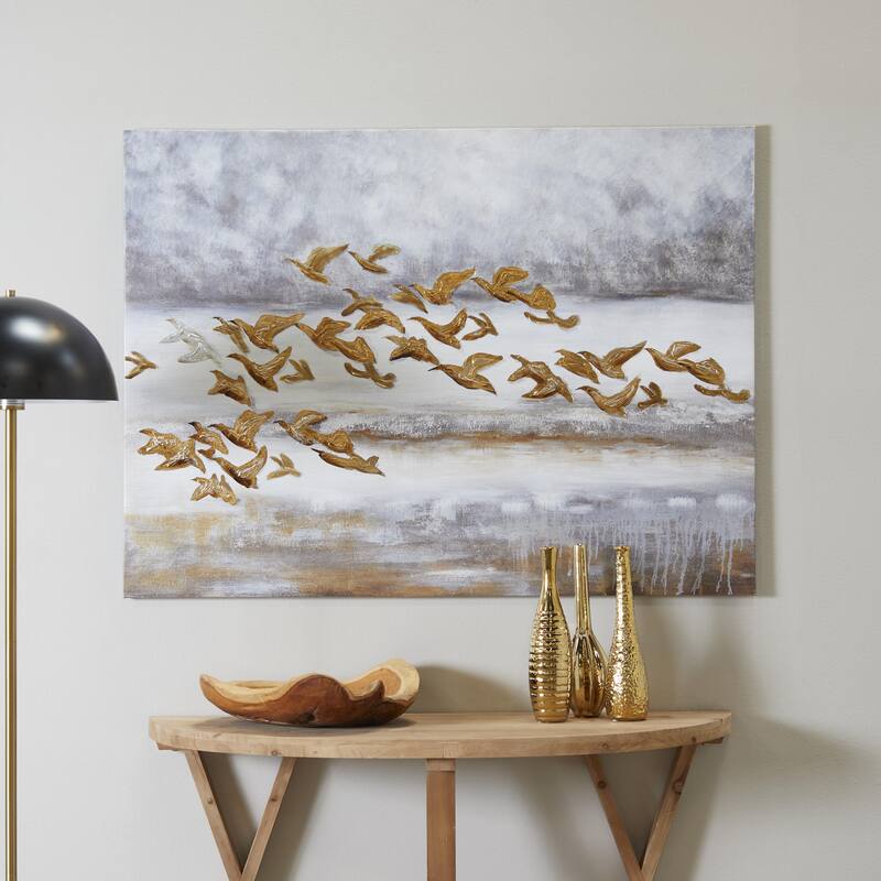 Canvas Bird Framed Wall Art with Silver Frame - Gold - Roche River Decor