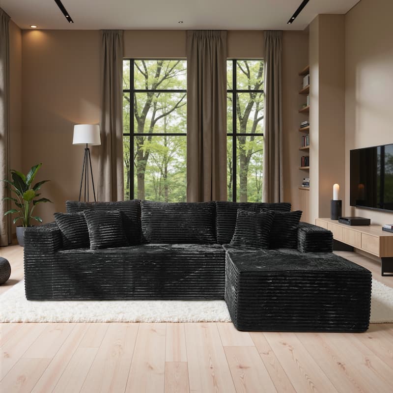 HOOOWOOO Modular Plush Upholstery L-shaped Sofa with Chaise Lounge - Black-Right Chaise