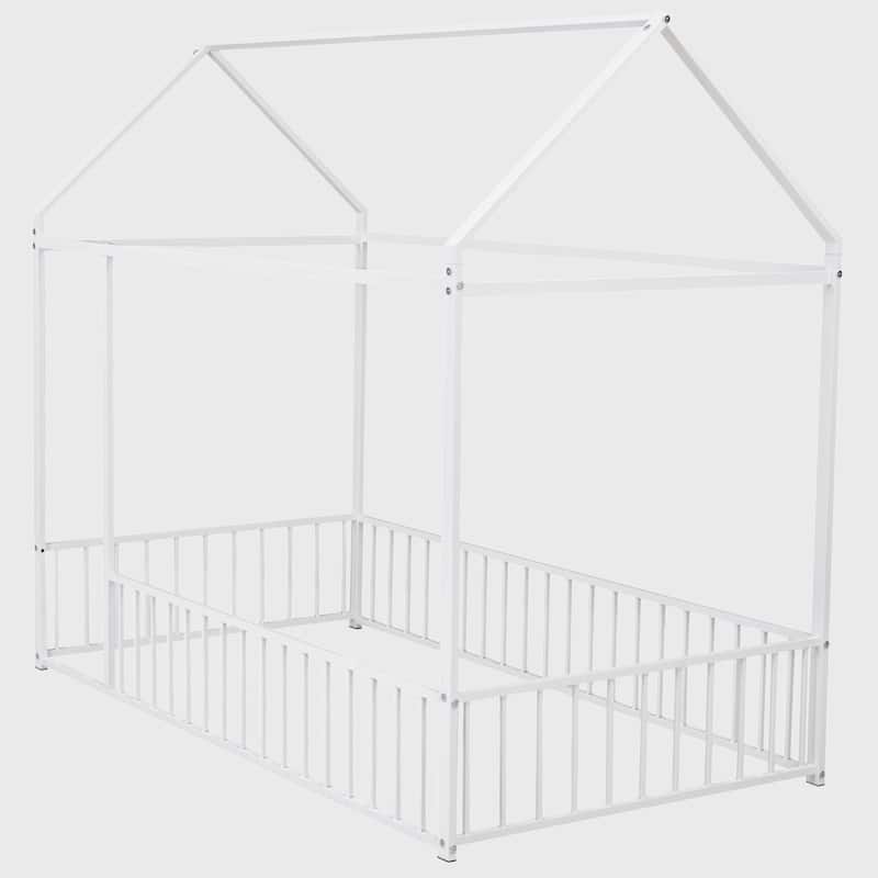 Twin Size Metal Bed House Bed Frame with Fence