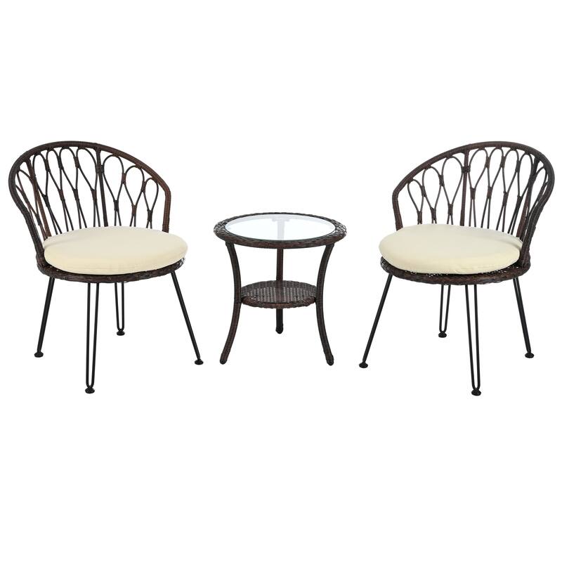 Outdoor Leisure Set, 2 Rattan Single Chairs with 1 Glass Round Table