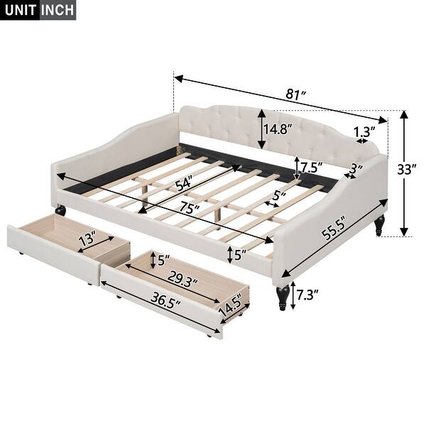 Full Size Upholstered Tufted Daybed with 2 Storage Drawers, Children Room Guest Room Sofa Bed Wood Slats Support, Beige