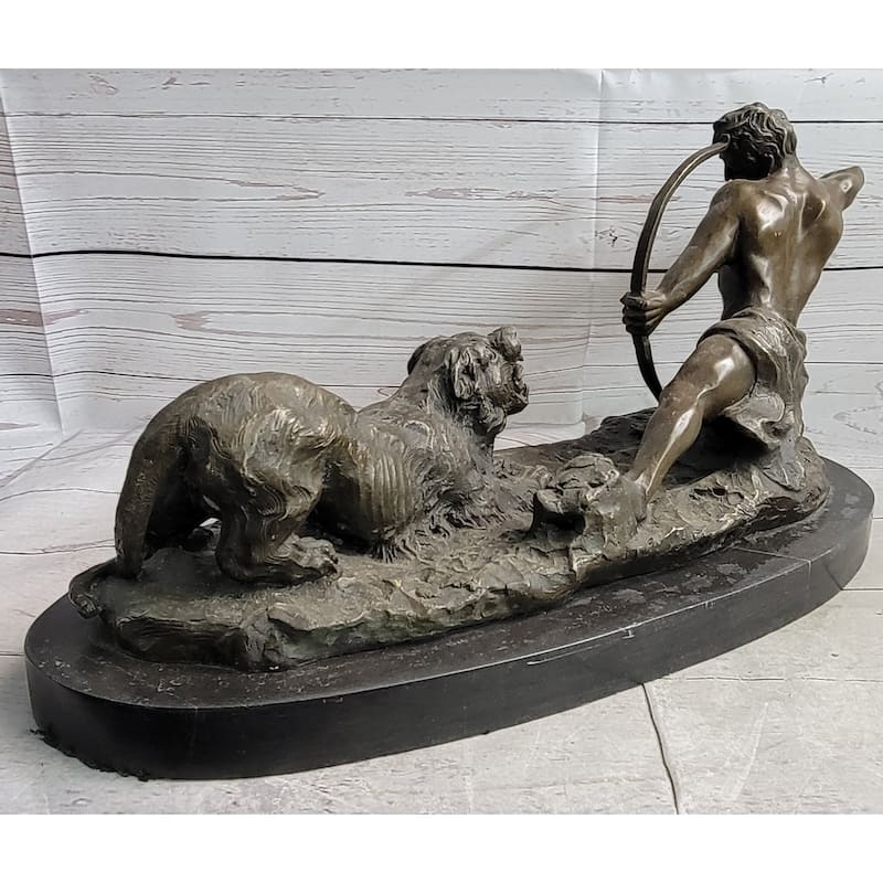 Archer Warrior Hunter Slaying Imitative Lion Bronze Sculpture Statue Figure Signed Original Art