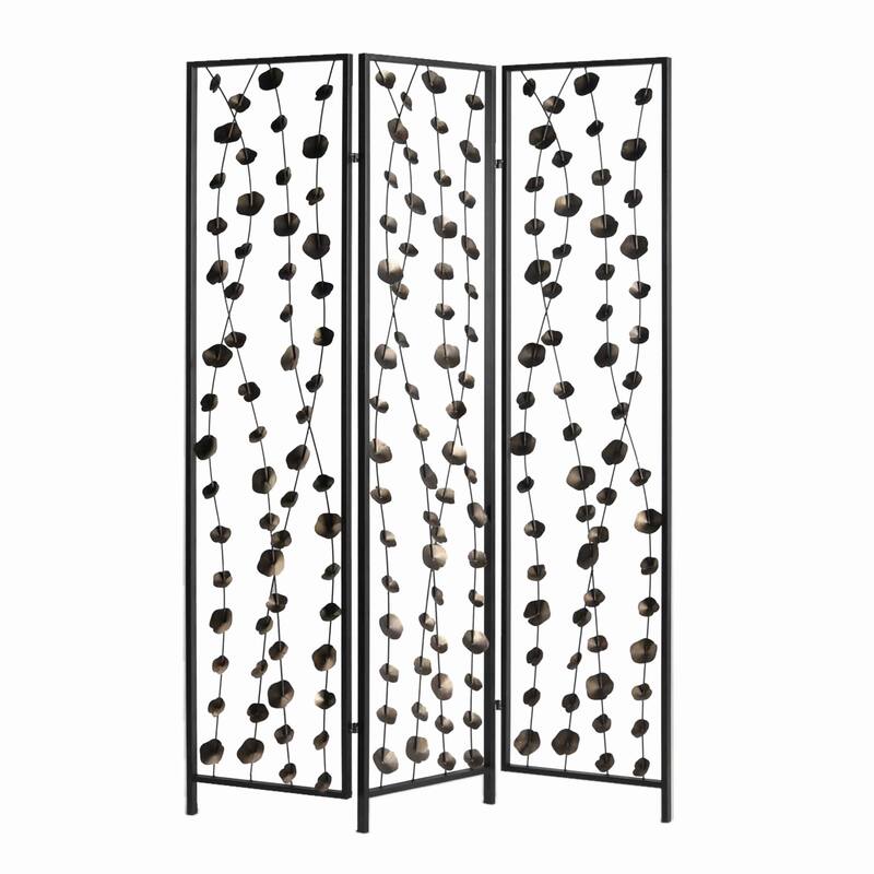 Transitional 3 Panel Metal Screen with Intricate Flower Design, Black - Black