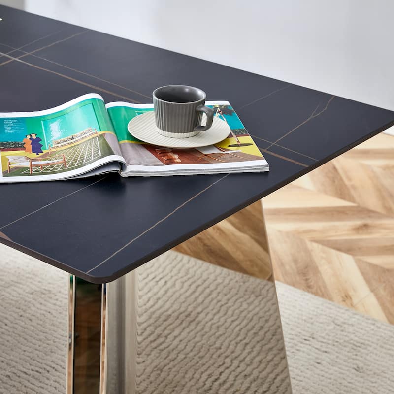 Marble-Patterned Slab Dining Table with Stainless Steel Butterfly Legs，designed to be scratch and heat resistant - Black,Silver
