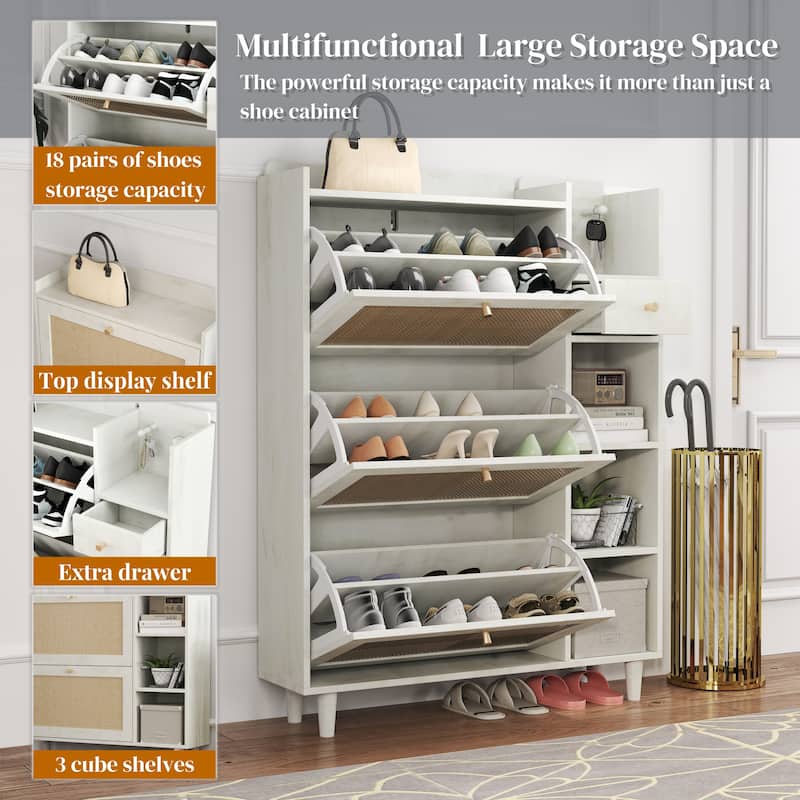 Freestanding Shoe Storage Cabinet, Narrow Hidden Shoe Rack with 3 Rattan Flip Drawers, 3 Square Shelves & 1 Storage Drawer