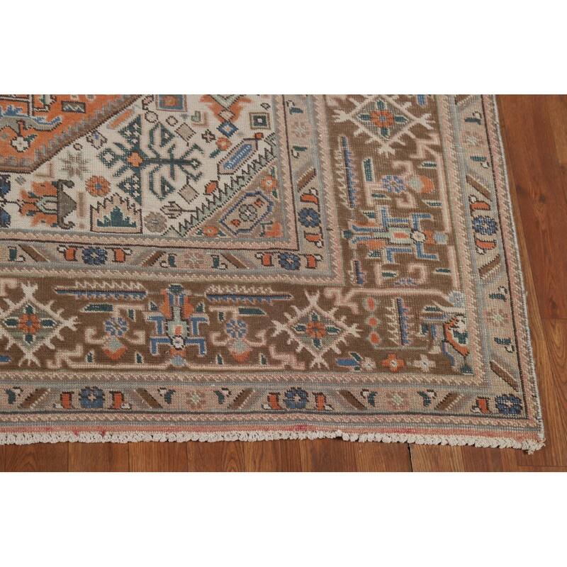 Geometric Tabriz Area Rug Orange Handmade Wool Carpet - 6'5"x 9'5"
