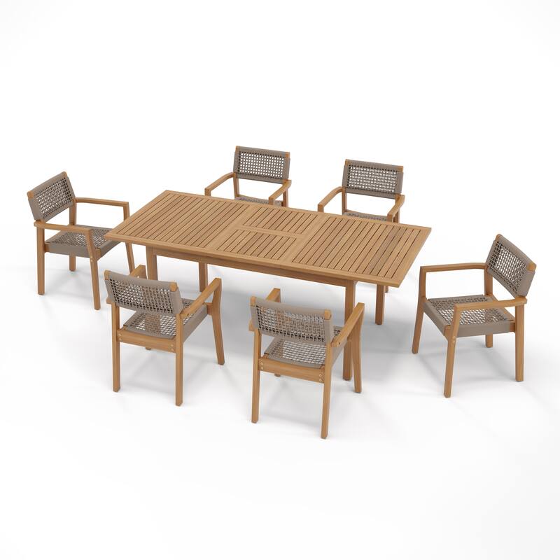 Outdoor Wooden Dining Table with 6 Woven - Seat Chairs Set