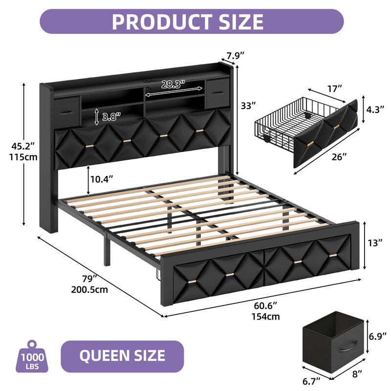 Black Farmhouse Bed Frame Upholstered Headboard Platform Bed with Charging Station