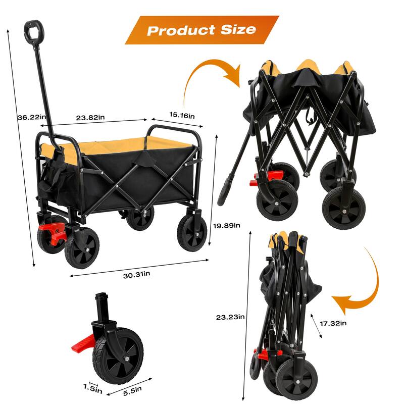 Mini Folding Utility Wagon with Brake - Compact Garden & Beach Cart, Orange & Black
