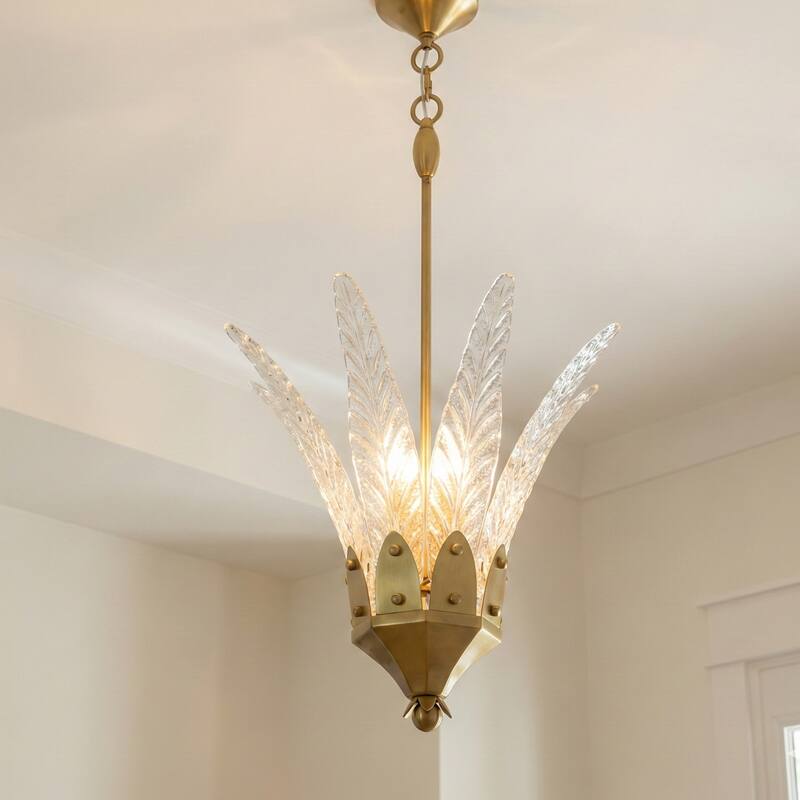17" Vintage Brass 3-Light Leaf Etched Glass Kitchen Chandelier Pendant Light