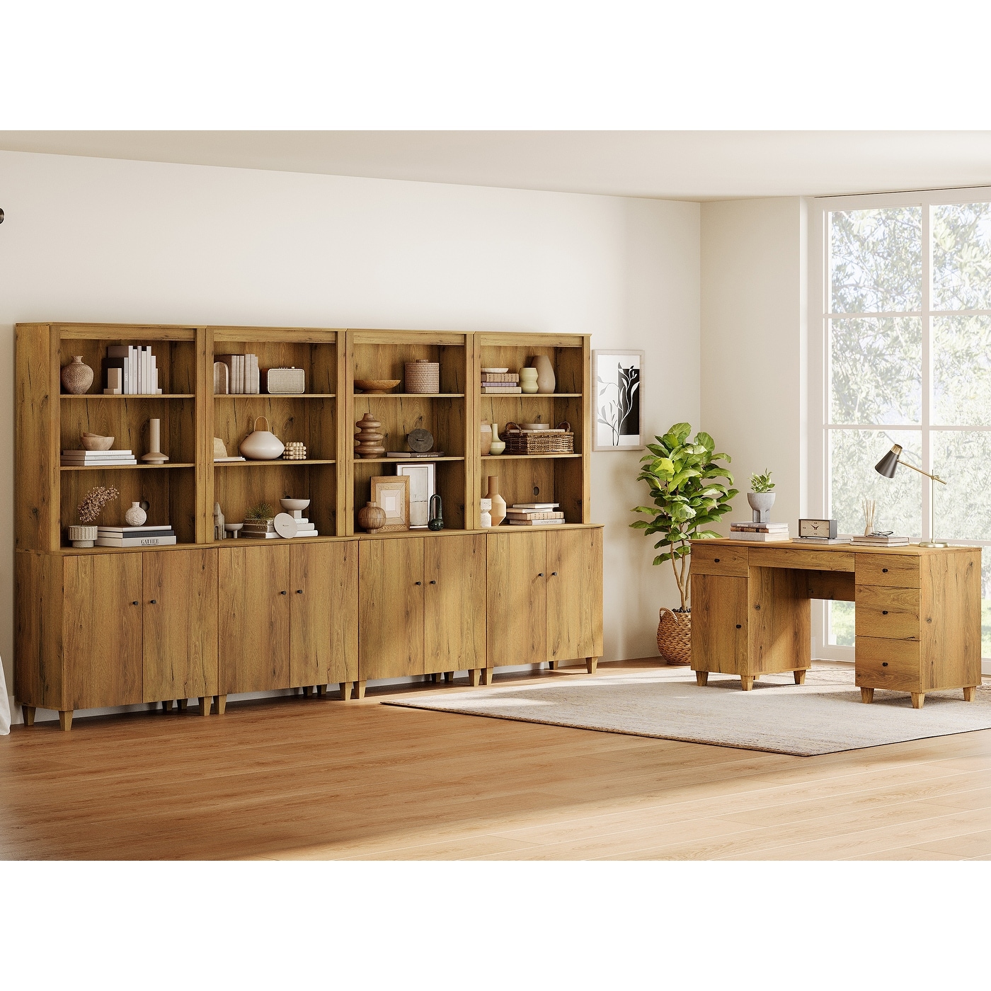 WAMPAT Home Office Furniture Set, 58" Executive Desk with Cabinet, 4-Column 71" Tall Bookcase with Doors and Adjustable Shelves