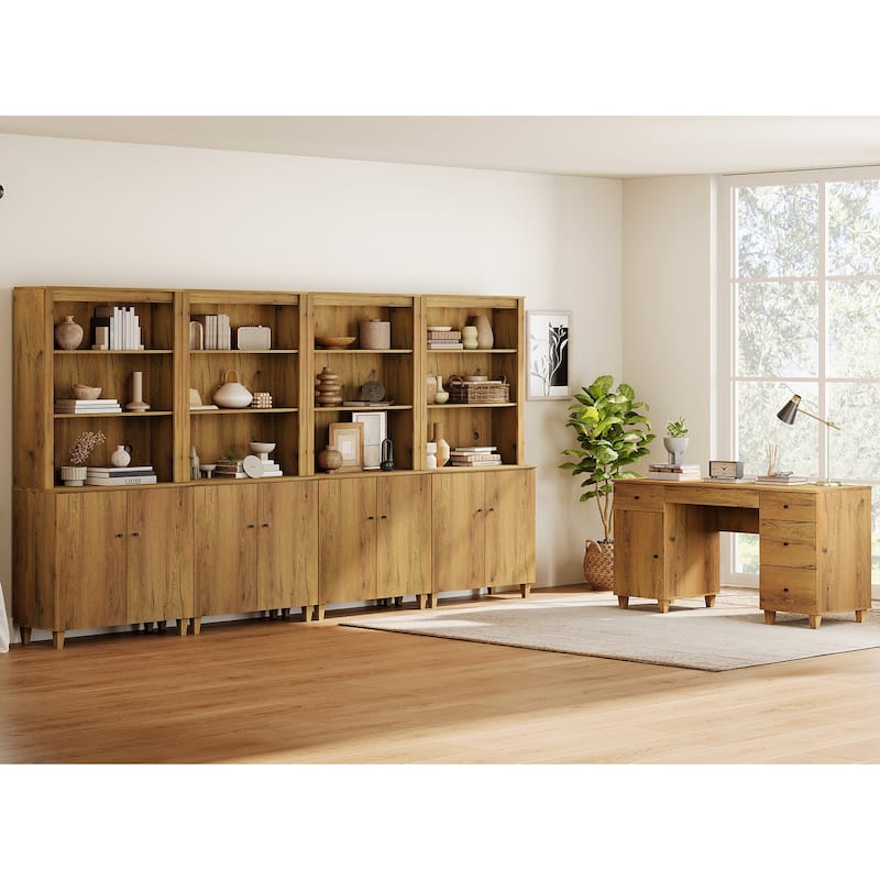 WAMPAT Home Office Furniture Set, 58" Executive Desk with Cabinet, 4-Column 71" Tall Bookcase with Doors and Adjustable Shelves - Dark Brown Wood